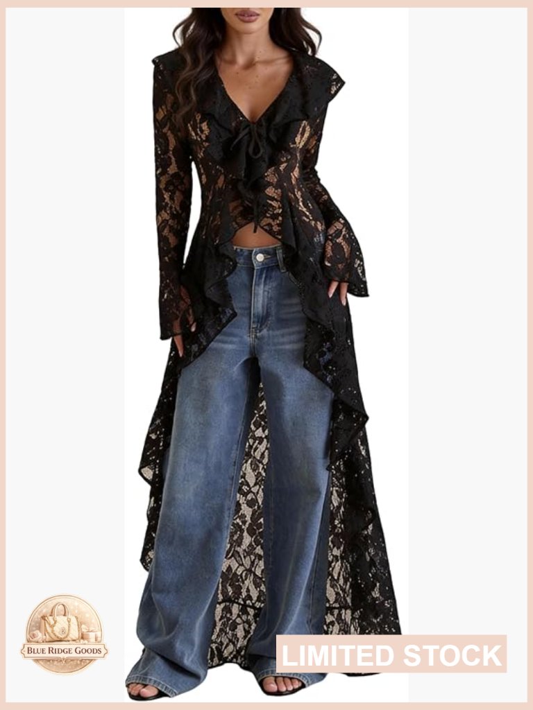 Lace Cardigan Maxi Open Front Tie Bell Sleeve Sheer Floral Mesh Duster Cover Up
